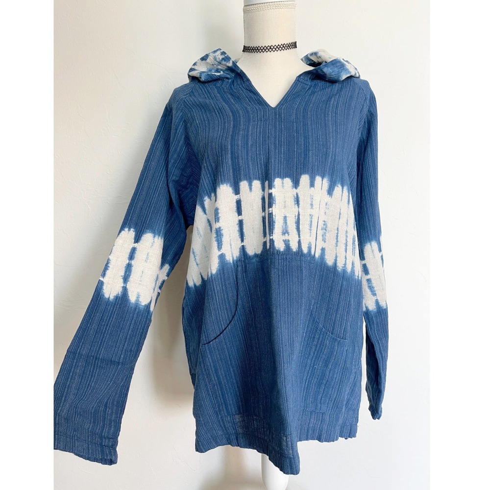 Earthbound Trading‎ Co Blue Tie Dye Hooded Tunic Top M Relaxed Fit Boho Beachy